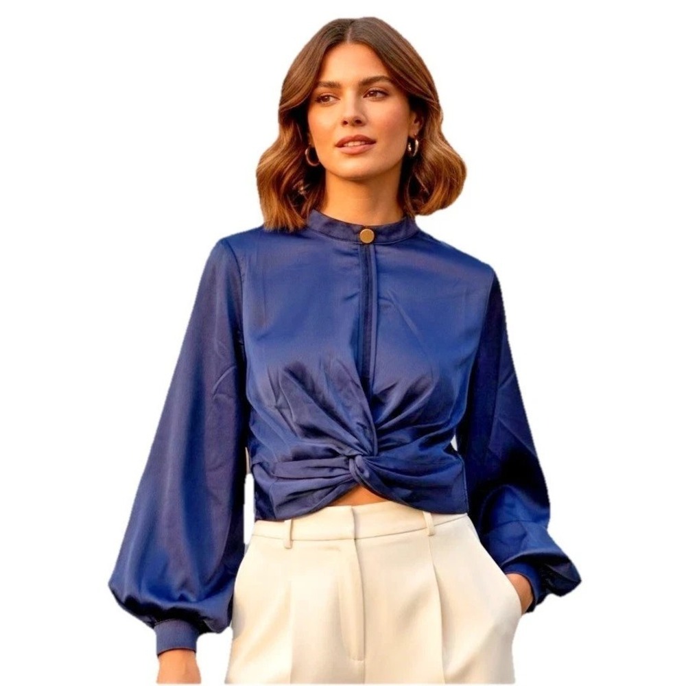 NWT Garcia Satin Twist Front Blouse Womens (L) Balloon Sleeve Elegant Navy Blue